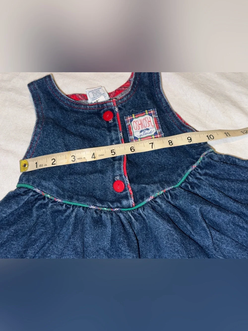 Vintage OshKosh B'gosh Dark Blue Denim Dress with Red Trim and Buttons